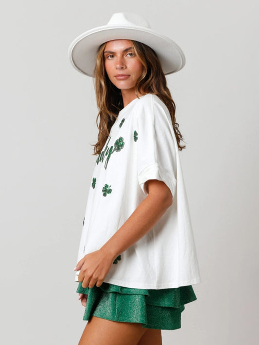 St. Patrick's lucky four-leaf clover sequined top loose T-shirt BLUE ZONE PLANET