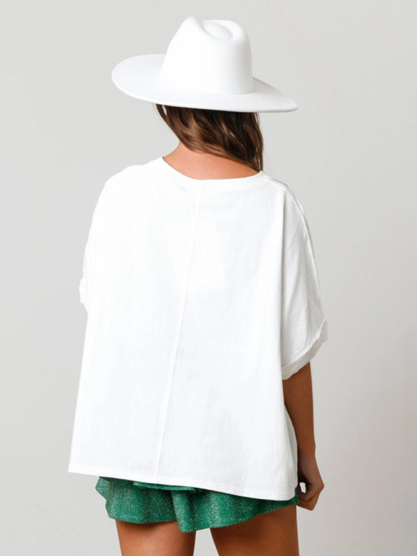 St. Patrick's lucky four-leaf clover sequined top loose T-shirt BLUE ZONE PLANET