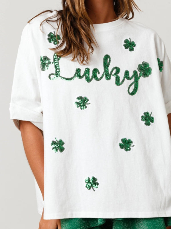 St. Patrick's lucky four-leaf clover sequined top loose T-shirt BLUE ZONE PLANET