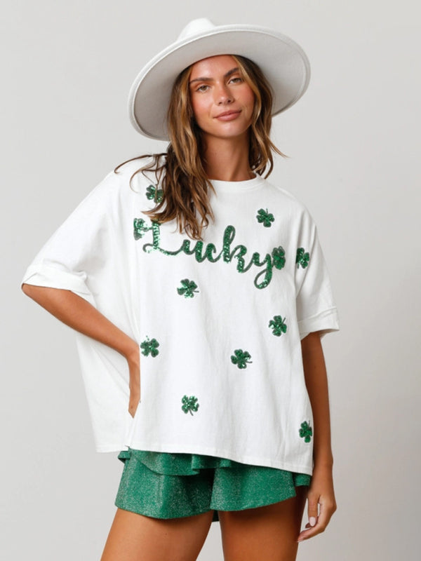 St. Patrick's lucky four-leaf clover sequined top loose T-shirt BLUE ZONE PLANET