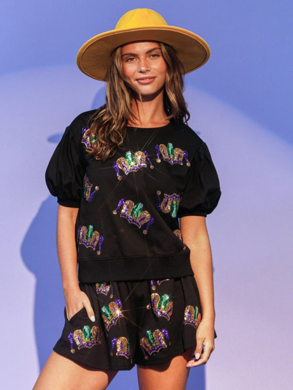 Anna's sequin short-sleeve and shorts two-piece set BLUE ZONE PLANET