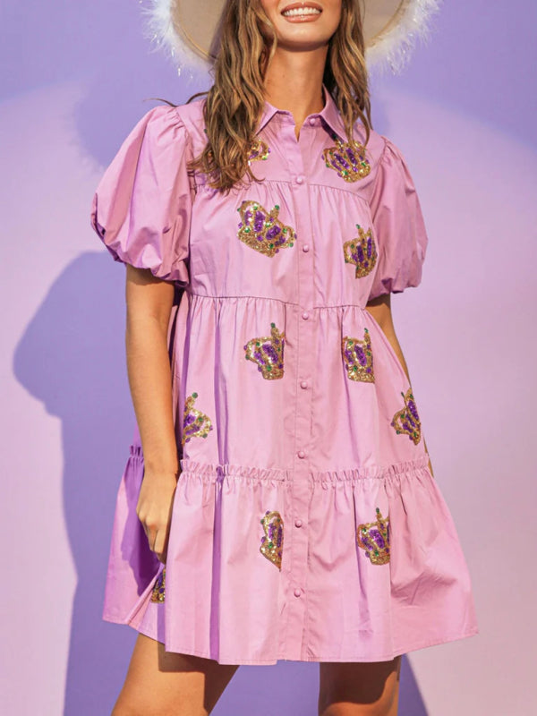 Lissa's Crown Sequin Puff Sleeve Shirt Dress BLUE ZONE PLANET