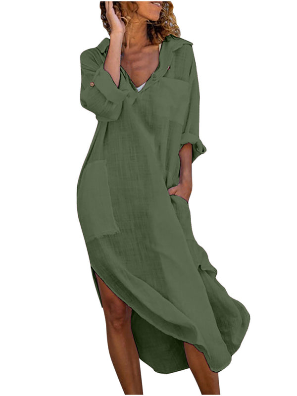 Blue Zone Planet | Emma's Solid Color Buttoned Slit Loose Breathable Maxi Shirt Dress BLUE ZONE PLANET