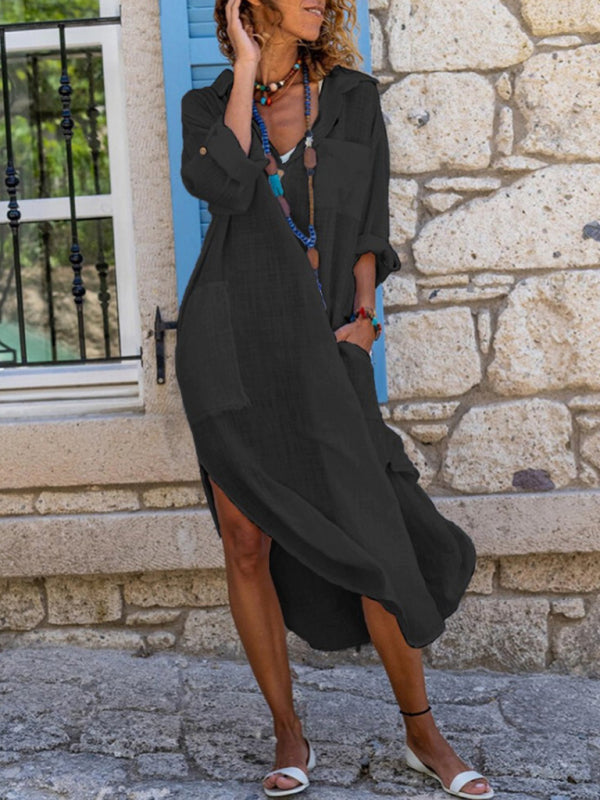 Blue Zone Planet | Emma's Solid Color Buttoned Slit Loose Breathable Maxi Shirt Dress BLUE ZONE PLANET