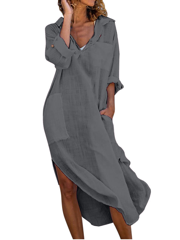 Blue Zone Planet | Emma's Solid Color Buttoned Slit Loose Breathable Maxi Shirt Dress BLUE ZONE PLANET