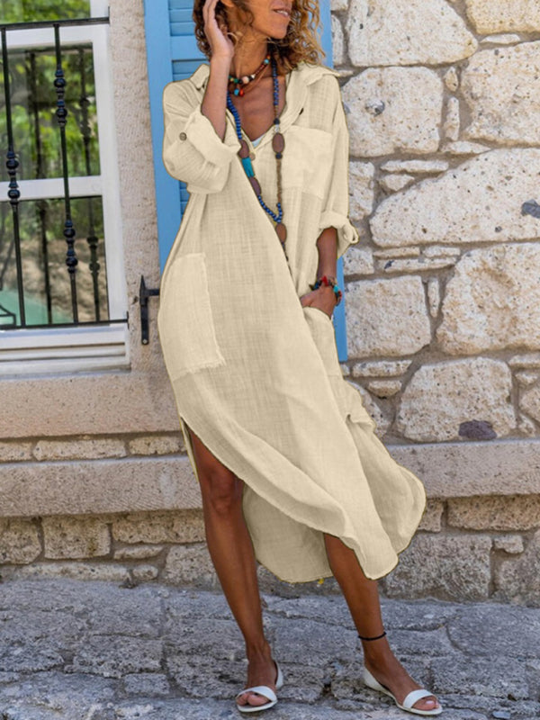 Blue Zone Planet | Emma's Solid Color Buttoned Slit Loose Breathable Maxi Shirt Dress BLUE ZONE PLANET
