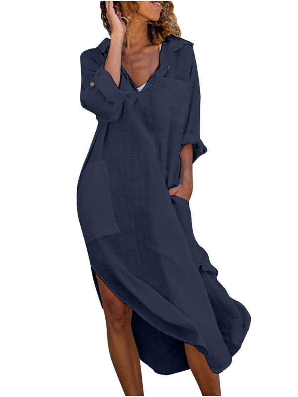 Blue Zone Planet |  Emma's Solid Color Buttoned Slit Loose Breathable Maxi Shirt Dress BLUE ZONE PLANET