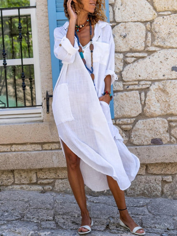 Blue Zone Planet | Emma's Solid Color Buttoned Slit Loose Breathable Maxi Shirt Dress BLUE ZONE PLANET