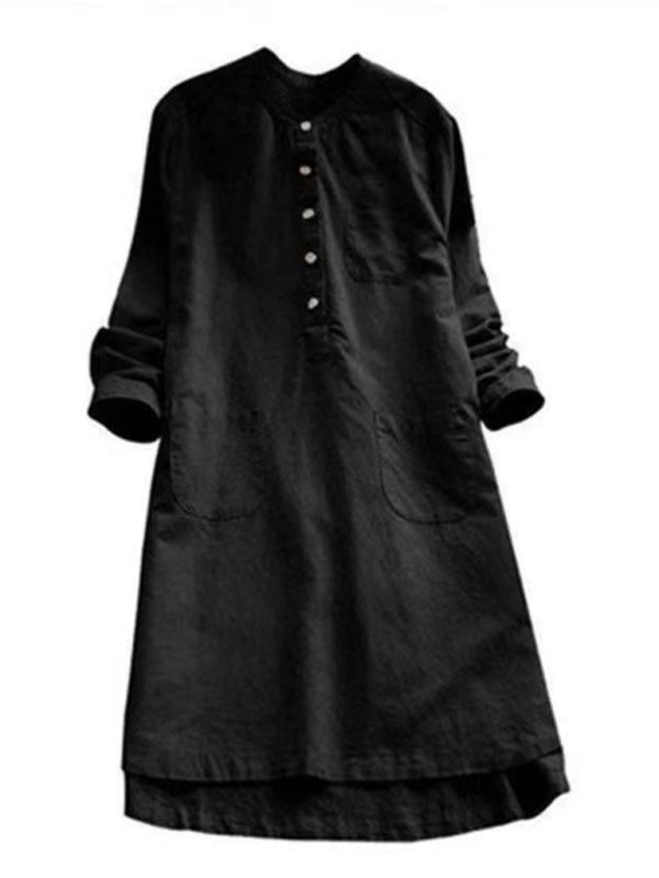 Blue Zone Planet | Solid Color Henley Collar Button Open Long Sleeve Shirt Style Midi Dress BLUE ZONE PLANET