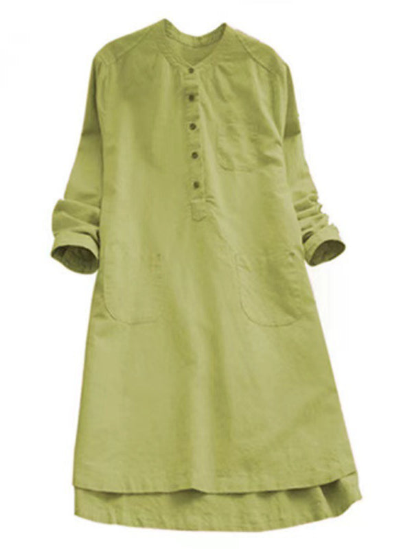 Blue Zone Planet | Solid Color Henley Collar Button Open Long Sleeve Shirt Style Midi Dress BLUE ZONE PLANET