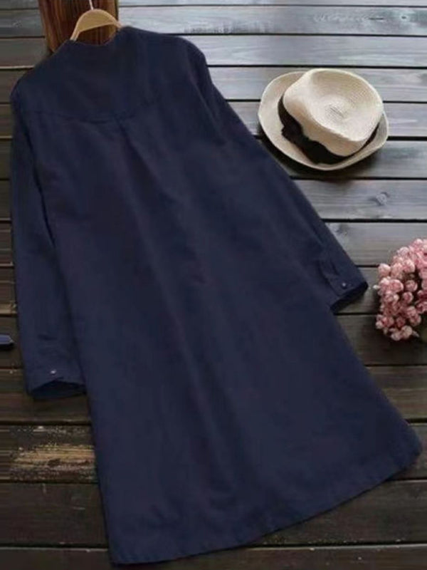 Blue Zone Planet | Solid Color Henley Collar Button Open Long Sleeve Shirt Style Midi Dress BLUE ZONE PLANET