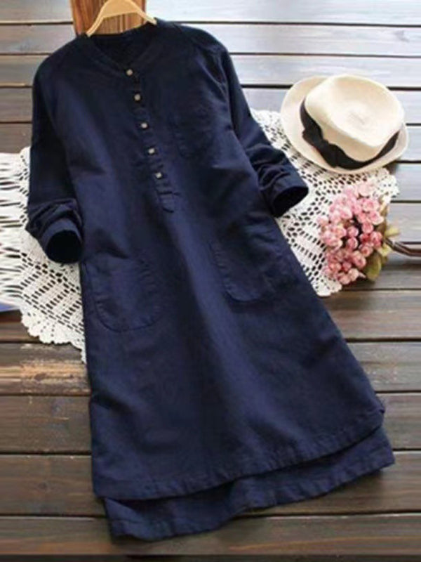 Blue Zone Planet | Solid Color Henley Collar Button Open Long Sleeve Shirt Style Midi Dress BLUE ZONE PLANET