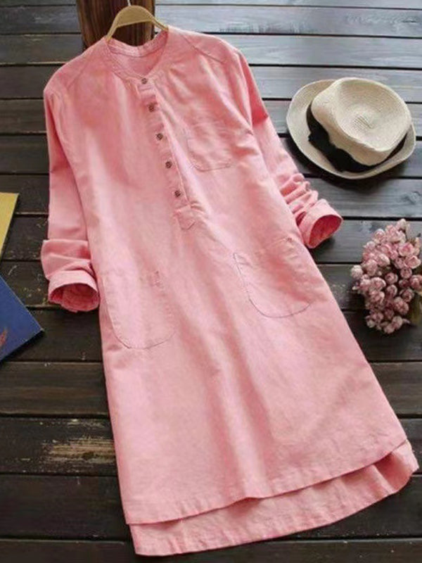 Blue Zone Planet | Solid Color Henley Collar Button Open Long Sleeve Shirt Style Midi Dress BLUE ZONE PLANET