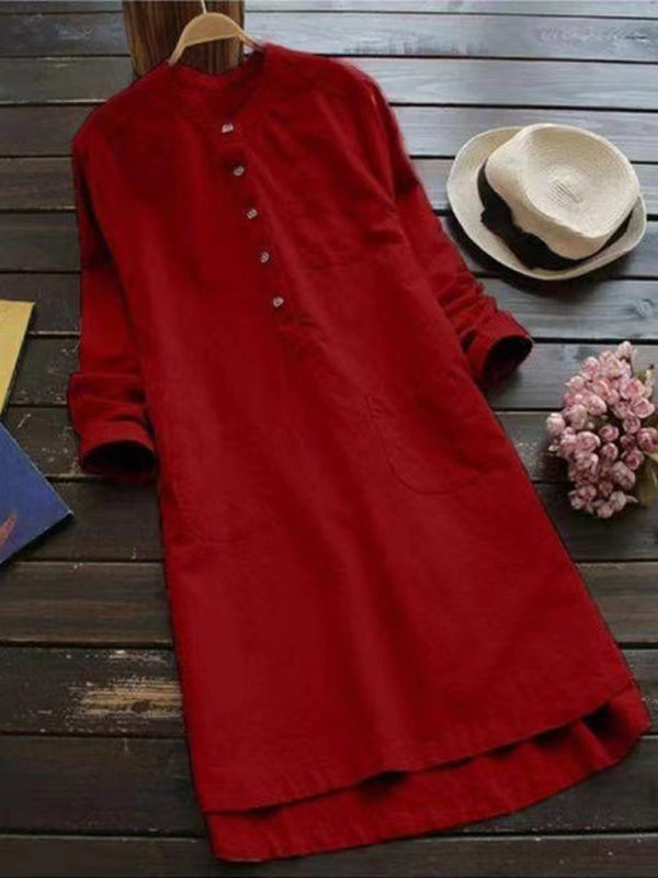 Blue Zone Planet | Solid Color Henley Collar Button Open Long Sleeve Shirt Style Midi Dress BLUE ZONE PLANET