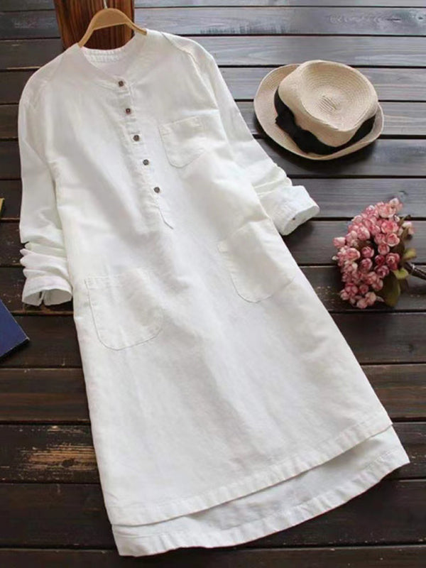 Blue Zone Planet | Solid Color Henley Collar Button Open Long Sleeve Shirt Style Midi Dress BLUE ZONE PLANET