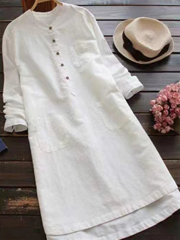 Blue Zone Planet | Solid Color Henley Collar Button Open Long Sleeve Shirt Style Midi Dress BLUE ZONE PLANET