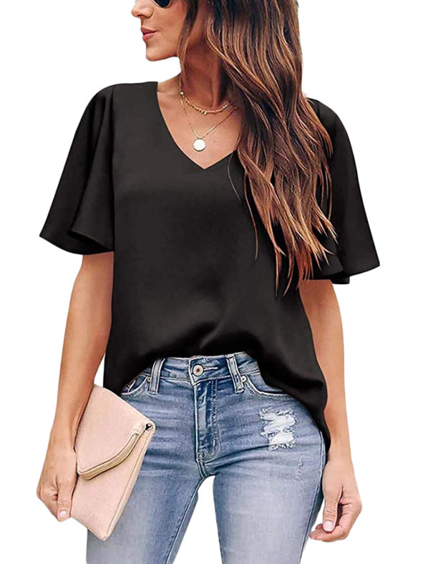 Blue Zone Planet | Loose V-neck ruffle sleeve top BLUE ZONE PLANET