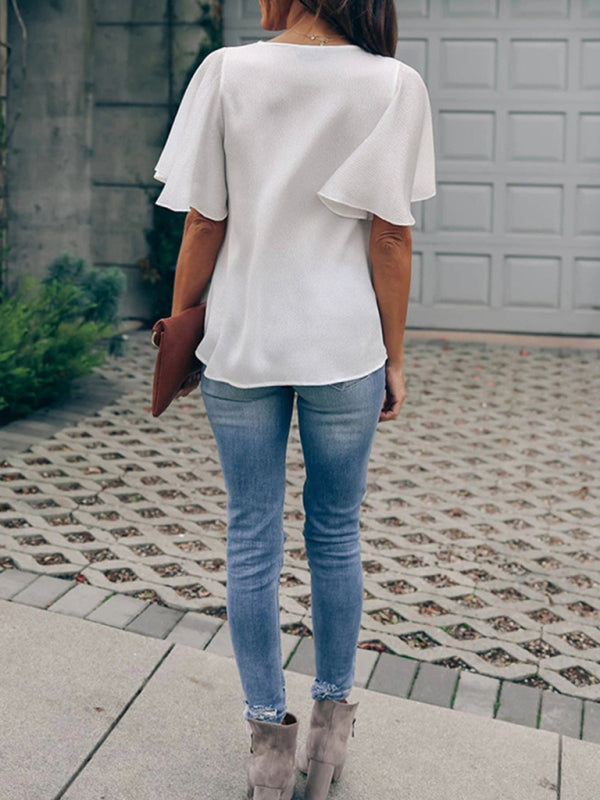 Blue Zone Planet | Loose V-neck ruffle sleeve top BLUE ZONE PLANET