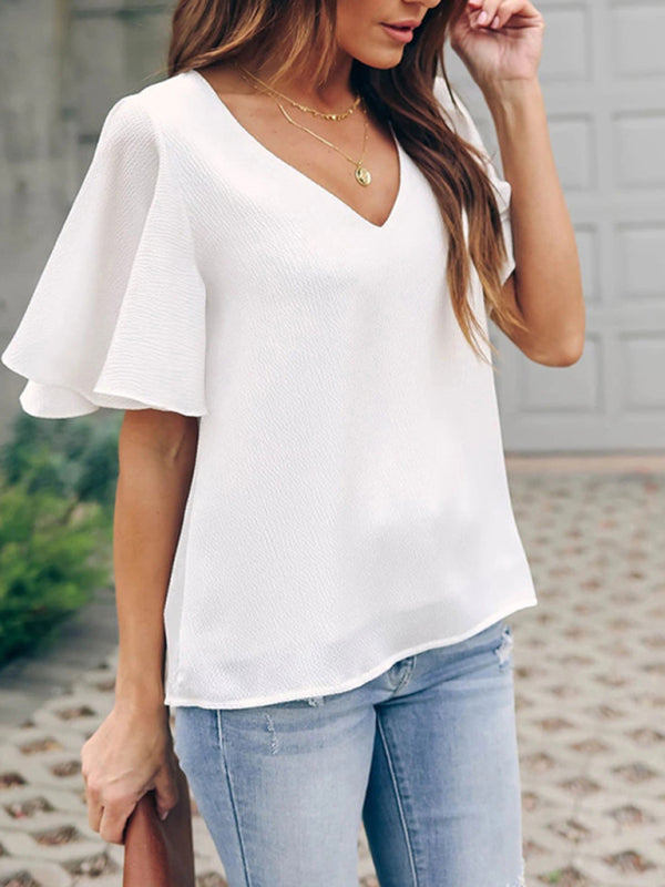 Blue Zone Planet | Loose V-neck ruffle sleeve top BLUE ZONE PLANET