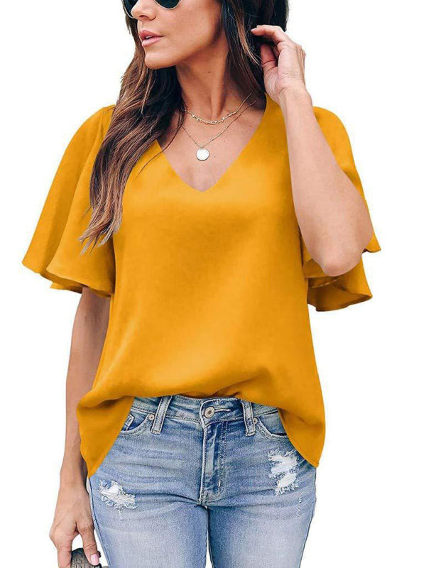Blue Zone Planet | Loose V-neck ruffle sleeve top BLUE ZONE PLANET