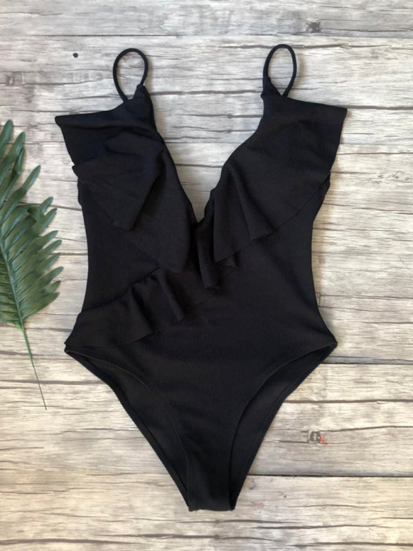 Blue Zone Planet | bikini solid color one-piece ruffled shoulder swimsuit BLUE ZONE PLANET