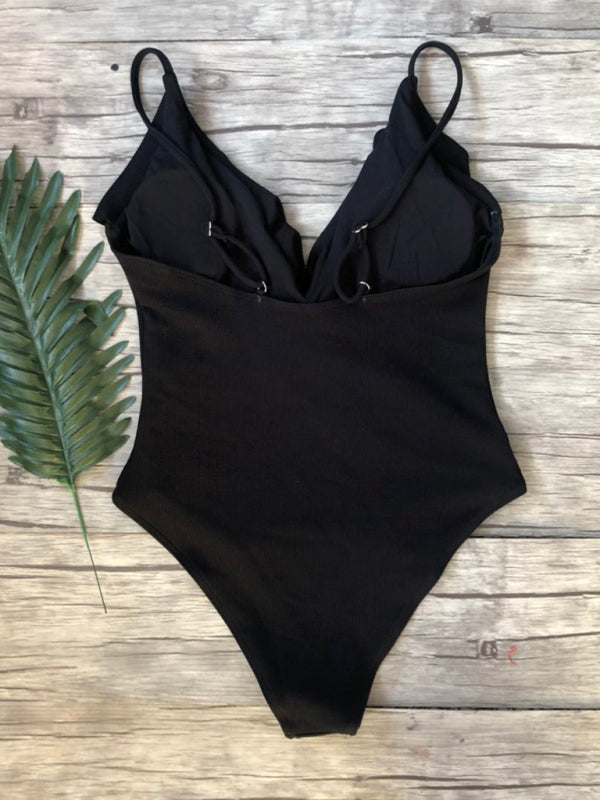 Blue Zone Planet | bikini solid color one-piece ruffled shoulder swimsuit BLUE ZONE PLANET