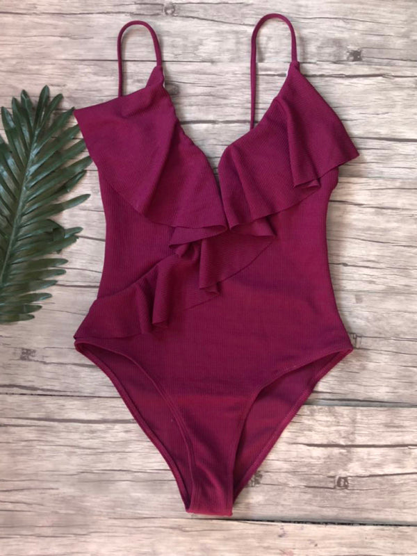 Blue Zone Planet | bikini solid color one-piece ruffled shoulder swimsuit BLUE ZONE PLANET
