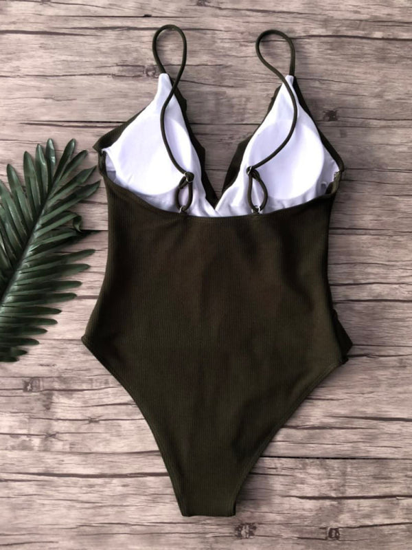 Blue Zone Planet | bikini solid color one-piece ruffled shoulder swimsuit BLUE ZONE PLANET