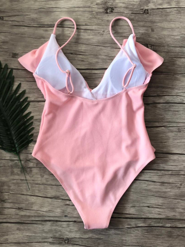 Blue Zone Planet | bikini solid color one-piece ruffled shoulder swimsuit BLUE ZONE PLANET