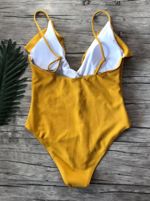 Blue Zone Planet | bikini solid color one-piece ruffled shoulder swimsuit BLUE ZONE PLANET