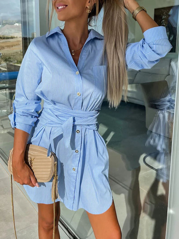 Blue Zone Planet | lace-up cardigan multi-color roll-sleeve shirt dress BLUE ZONE PLANET