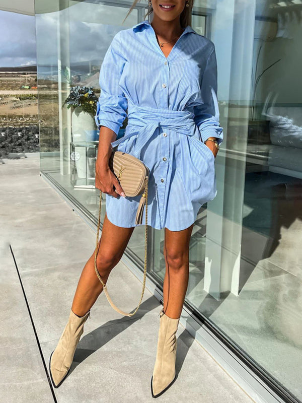 Blue Zone Planet | lace-up cardigan multi-color roll-sleeve shirt dress BLUE ZONE PLANET