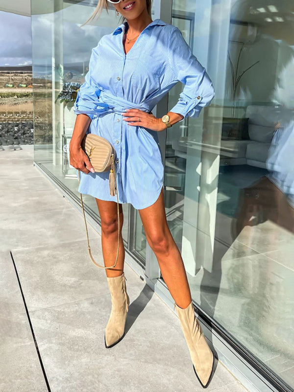 Blue Zone Planet | lace-up cardigan multi-color roll-sleeve shirt dress BLUE ZONE PLANET
