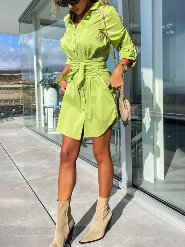 Blue Zone Planet | lace-up cardigan multi-color roll-sleeve shirt dress BLUE ZONE PLANET