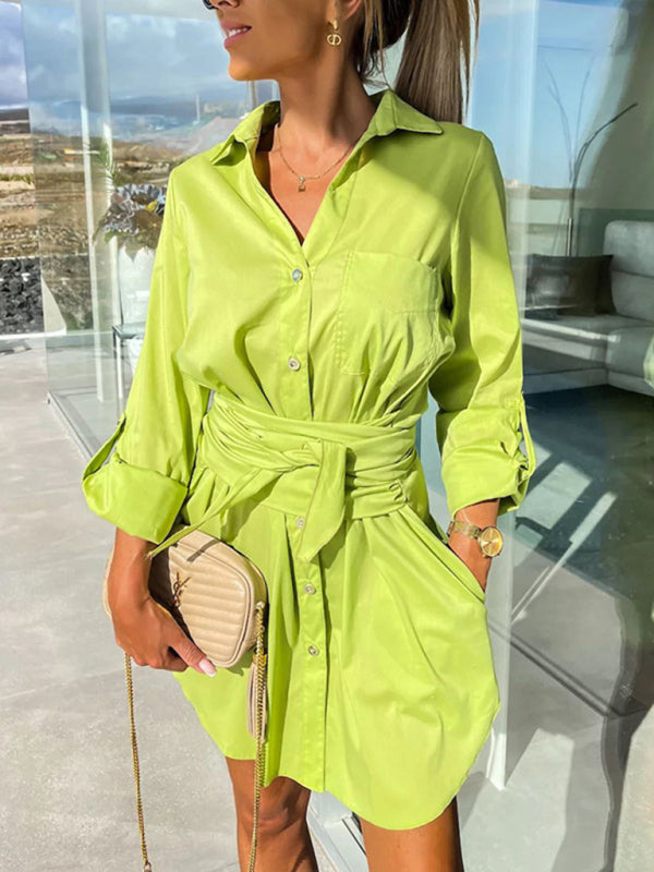 Blue Zone Planet | lace-up cardigan multi-color roll-sleeve shirt dress BLUE ZONE PLANET