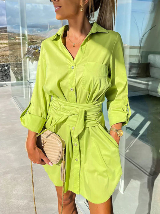 Blue Zone Planet |  lace-up cardigan multi-color roll-sleeve shirt dress BLUE ZONE PLANET