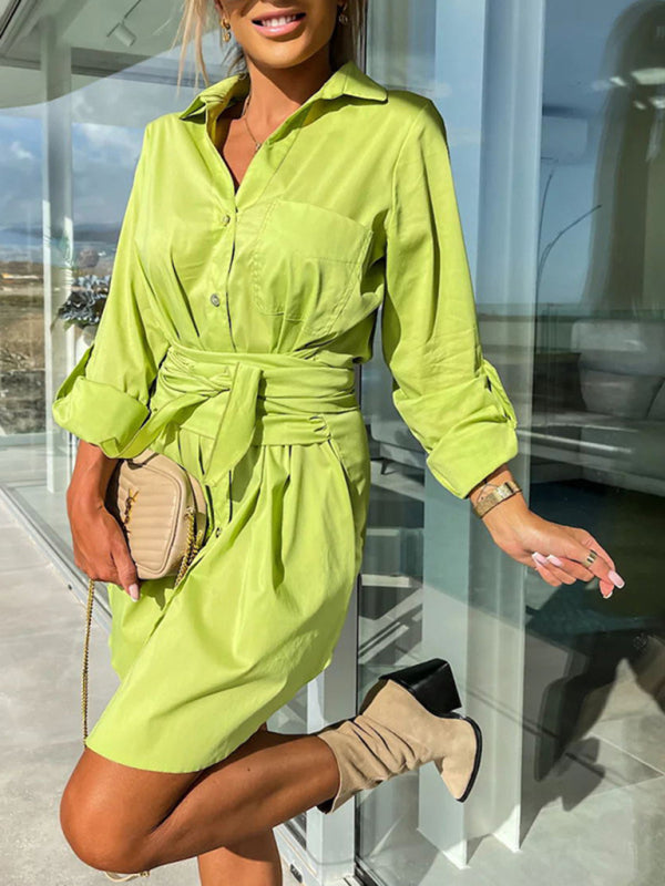 Blue Zone Planet | lace-up cardigan multi-color roll-sleeve shirt dress BLUE ZONE PLANET