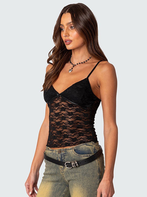 Blue Zone Planet | Ava's V-Neck Halter Bow Vest Slim See-Through Backless Top BLUE ZONE PLANET