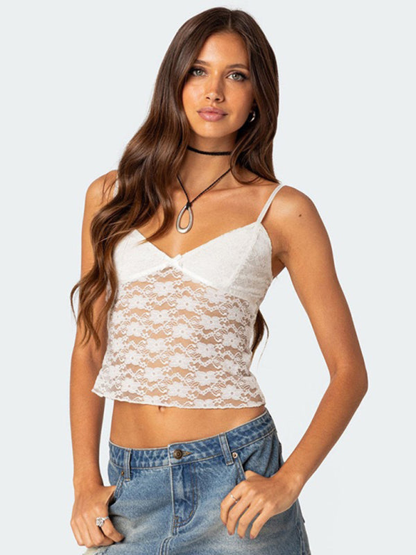 Blue Zone Planet | Ava's V-Neck Halter Bow Vest Slim See-Through Backless Top BLUE ZONE PLANET