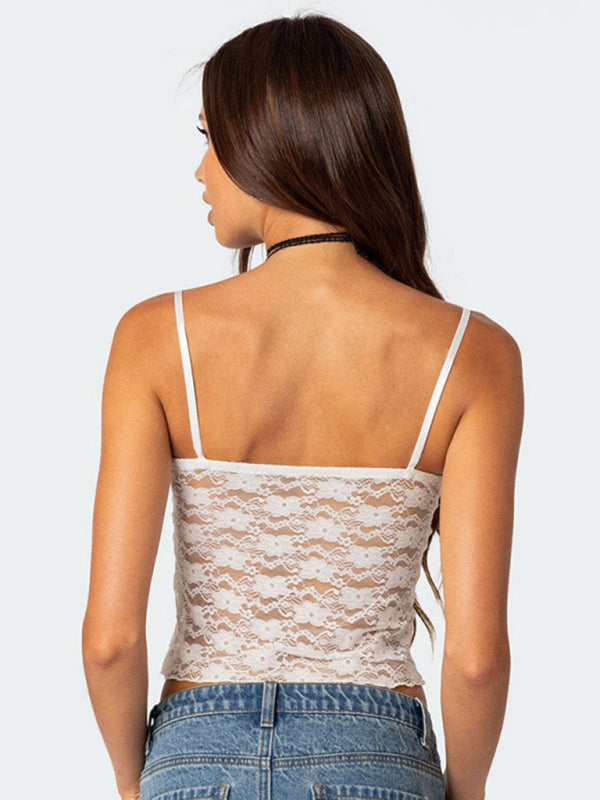 Blue Zone Planet | Ava's V-Neck Halter Bow Vest Slim See-Through Backless Top BLUE ZONE PLANET