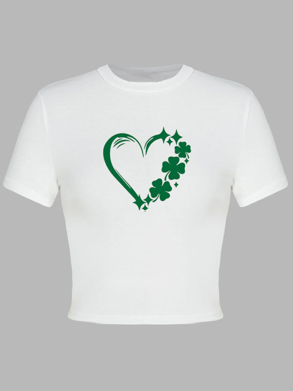 St. Patrick's Day Green Leaf Print Round Neck Short T-Shirt (Multiple Pictures Available) kakaclo
