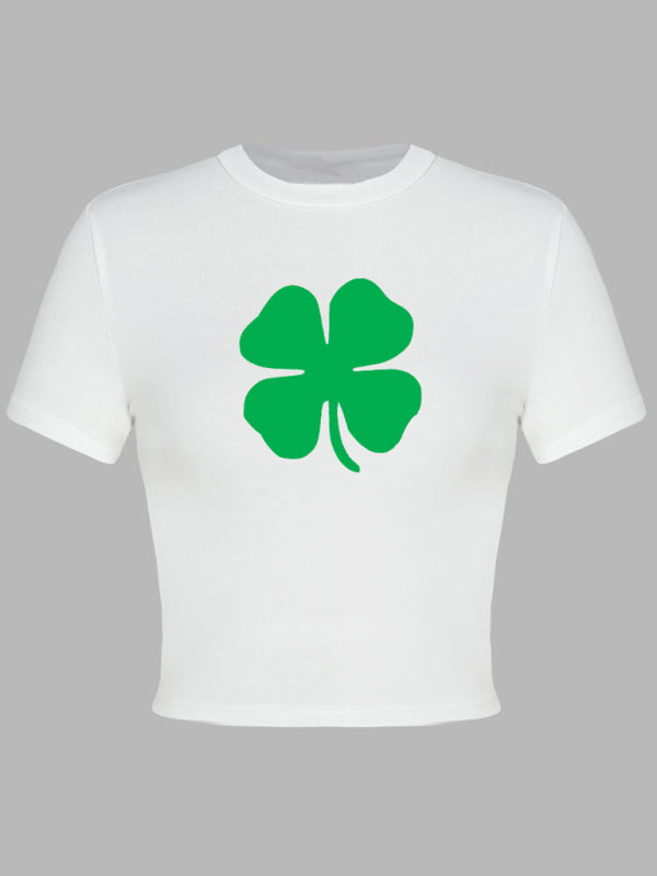 St. Patrick's Day Green Leaf Print Round Neck Short T-Shirt (Multiple Pictures Available) kakaclo