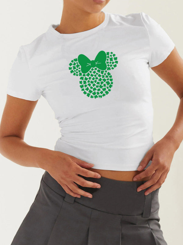 St. Patrick's Day Green Leaf Print Round Neck Short T-Shirt (Multiple Pictures Available) kakaclo