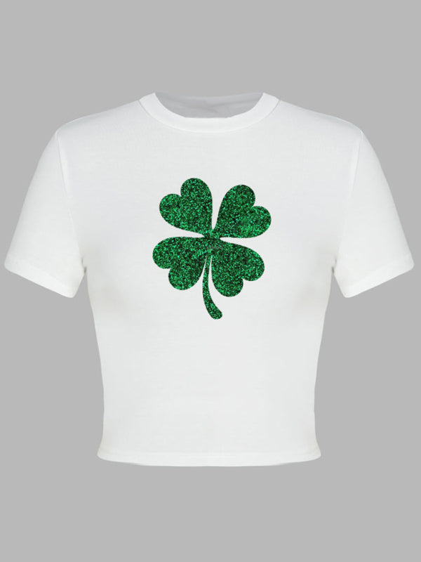 St. Patrick's Day Green Leaf Print Round Neck Short T-Shirt (Multiple Pictures Available) kakaclo