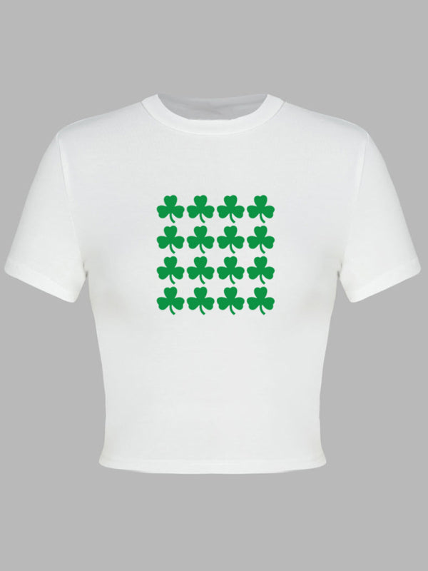 St. Patrick's Day Green Leaf Print Round Neck Short T-Shirt (Multiple Pictures Available) kakaclo