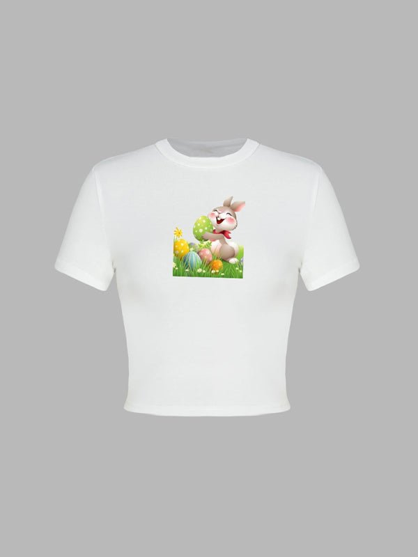 Easter egg bunny printed T-shirt Y2K tight top printed T-shirt BLUE ZONE PLANET