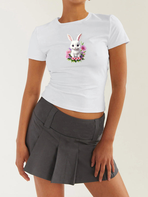 Easter egg bunny printed T-shirt Y2K tight top printed T-shirt BLUE ZONE PLANET