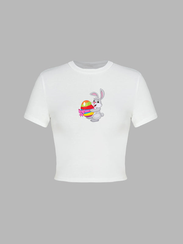 Easter egg bunny printed T-shirt Y2K tight top printed T-shirt BLUE ZONE PLANET
