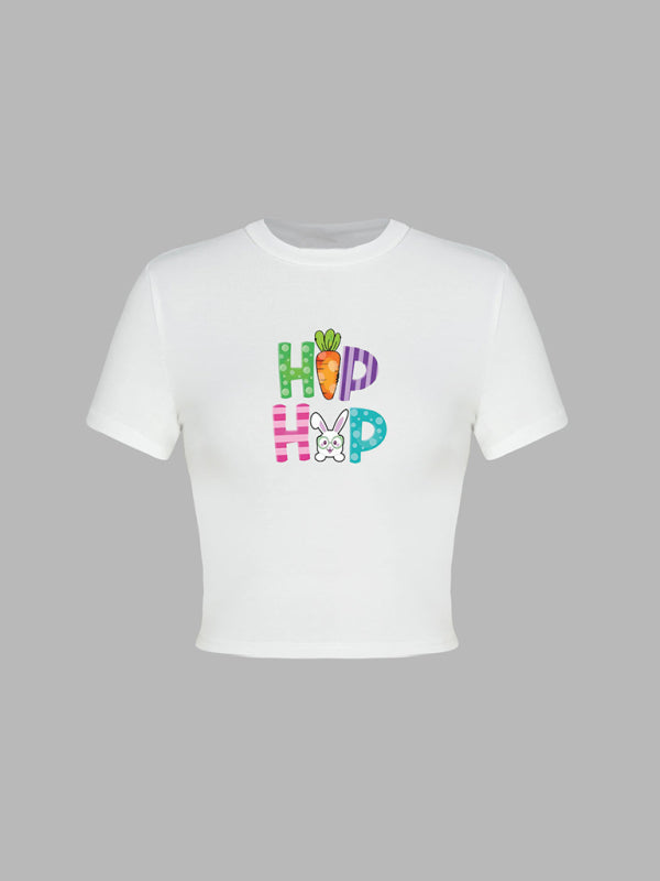 Easter egg bunny printed T-shirt Y2K tight top printed T-shirt BLUE ZONE PLANET