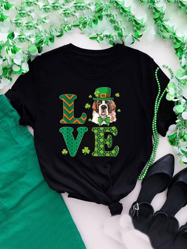 fun green clover print loose pullover short-sleeved T-shirt kakaclo